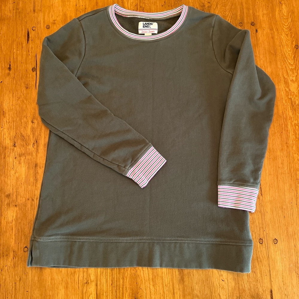 Lands' End Olive Sweatshirt with Striped Accents